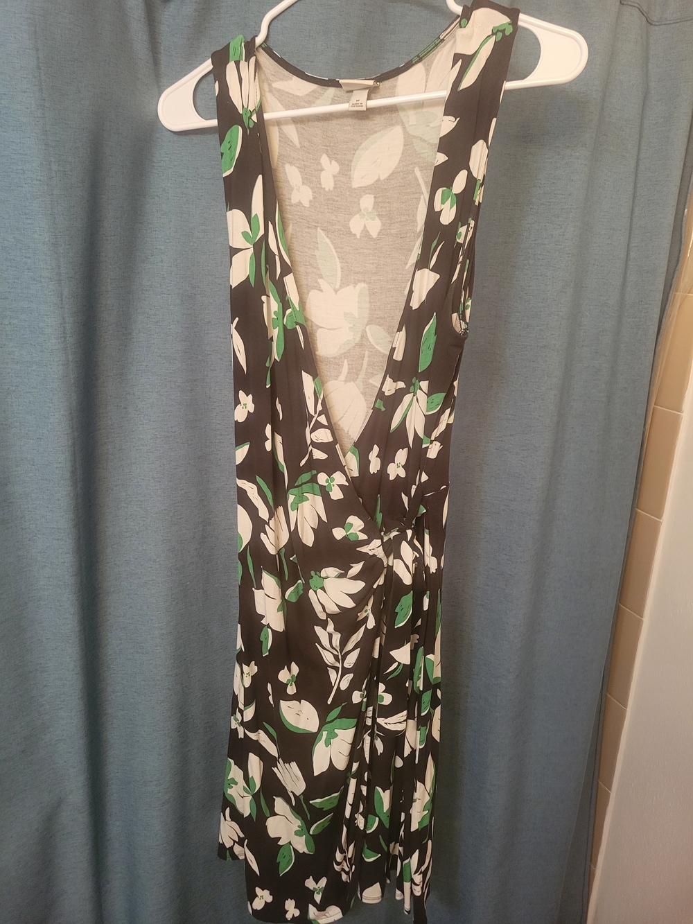 a new day Black Floral Wrap Dress with White & Green Print